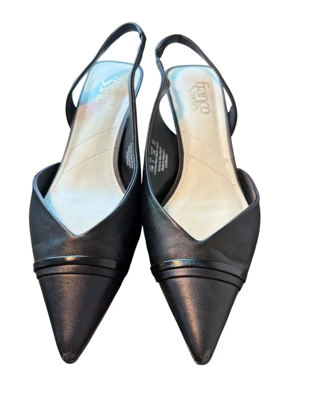 Franco Sarto Black Leather Dorian Heels Slingback Pointed Toe Kitten Heel Sz 7.5